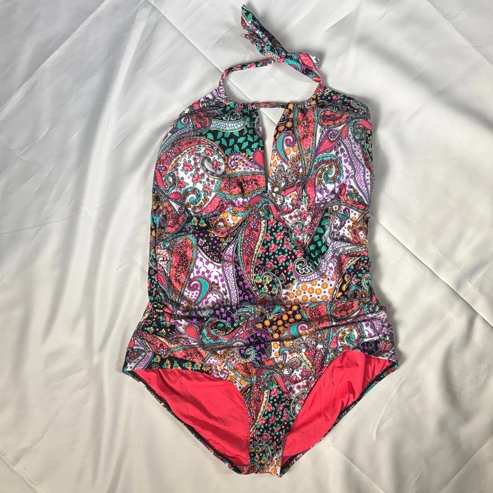 Kenneth Cole Reaction 2X Colorful Paisley Geometric One Piece Swimsuit - Picture 1 of 8